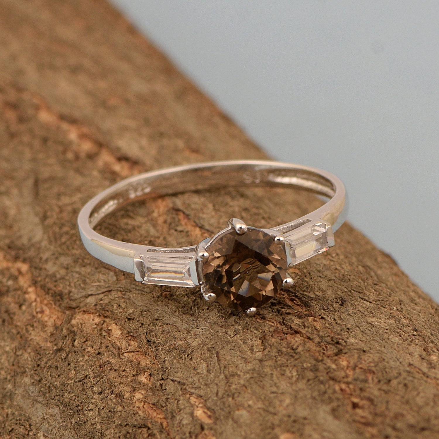 4 MM Round Smoky Quartz 925 Sterling Silver Three Stone Solitaire Women Ring - Kimaya INC