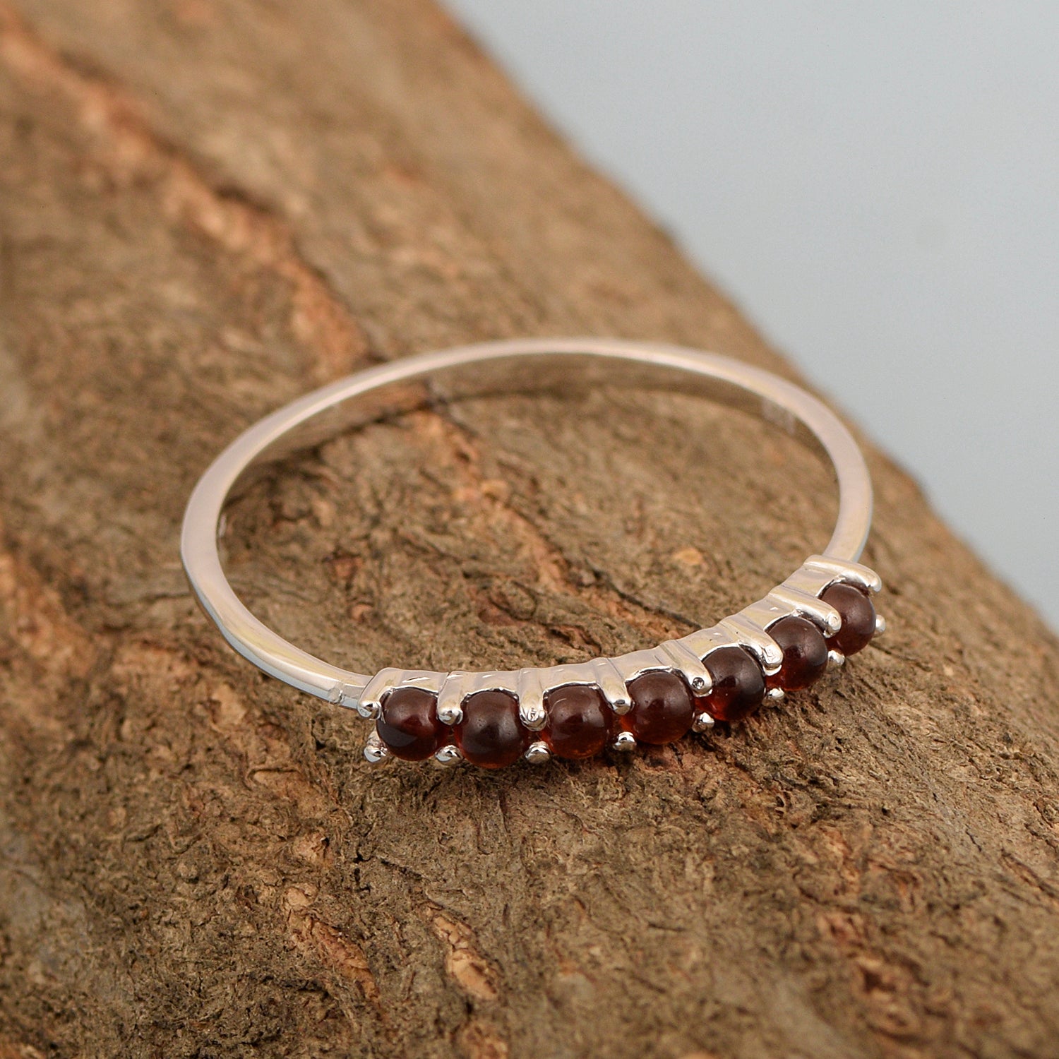 925 Sterling Silver 7-Stone 0.70 Ctw Garnet Cabochon Women Wedding Rings - Kimaya INC