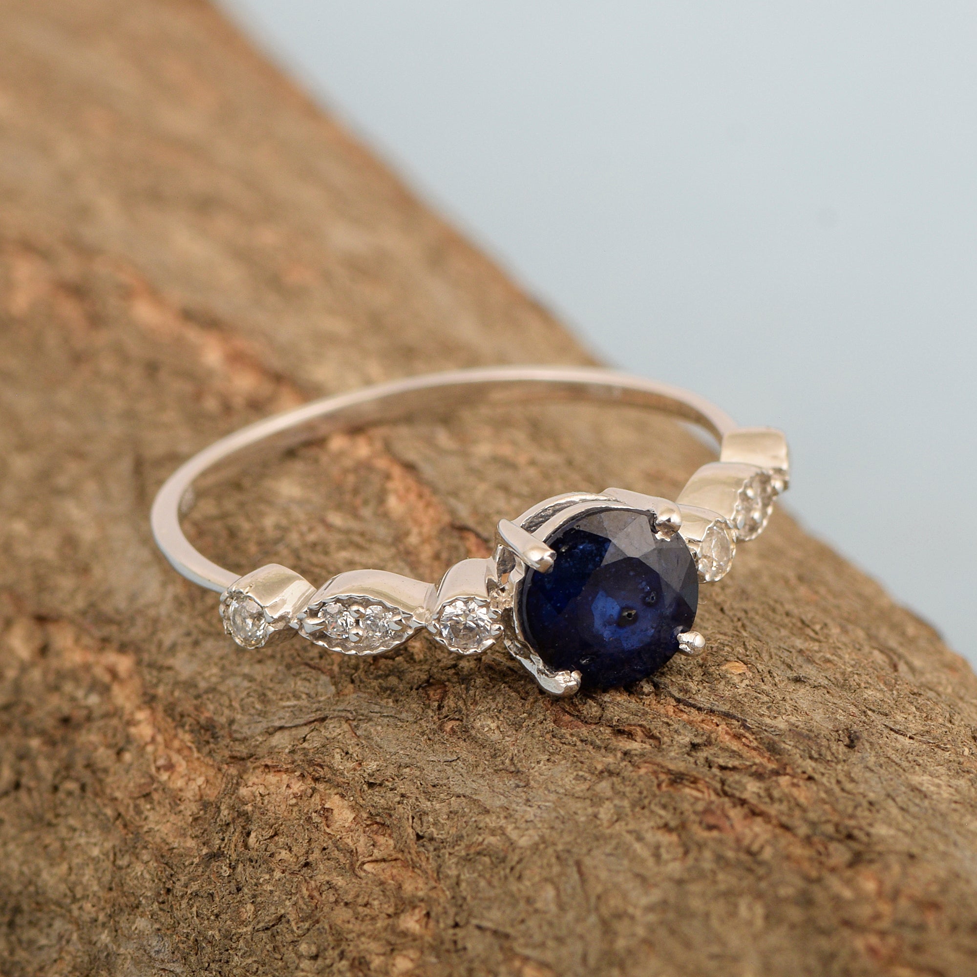 925 Sterling Silver Solitaire Round 6mm Blue Sapphire Women Ring - Kimaya INC