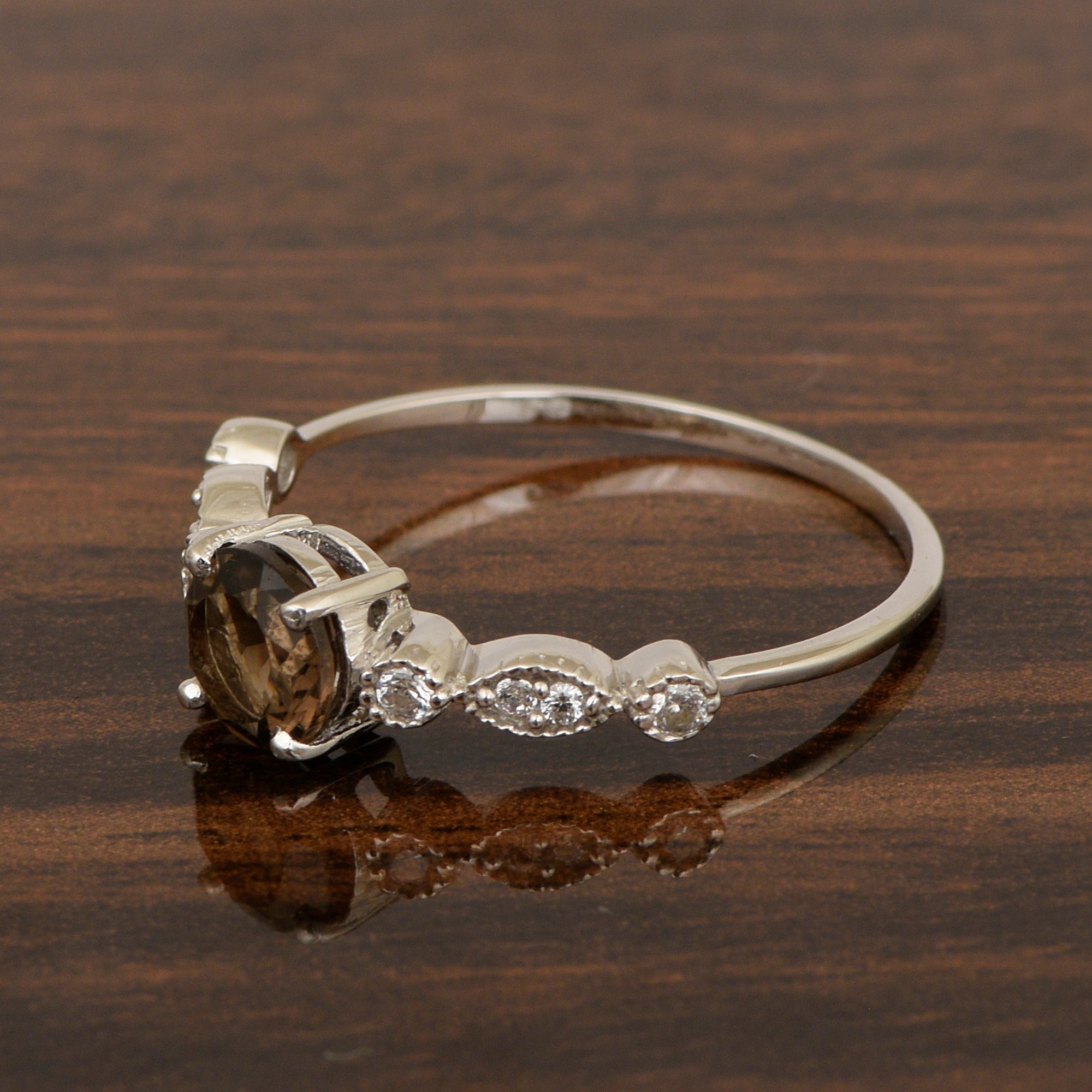 925 Sterling Silver Solitaire Round 6mm Smoky Quartz Women Ring - Kimaya INC