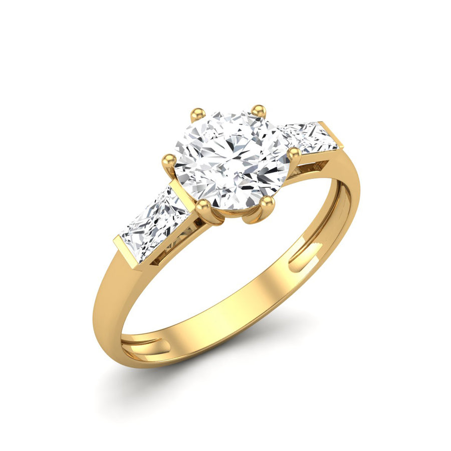 Moissanite Classic Round & Princess Three-Stone Ring - Sterling Silver Yellow Plated