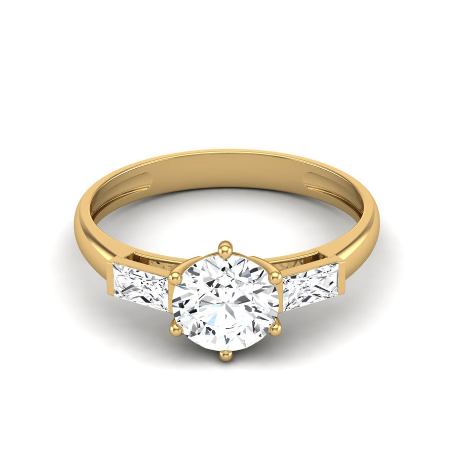 Moissanite Classic Round & Princess Three-Stone Ring - Sterling Silver Yellow Plated