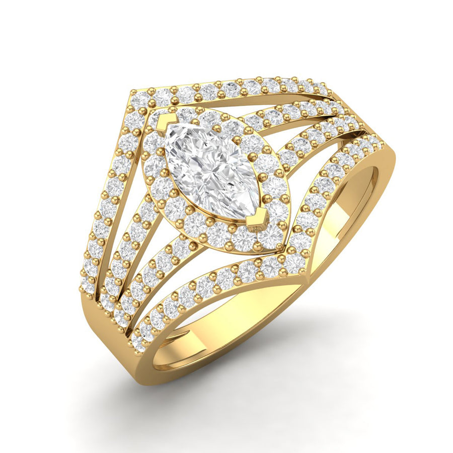 Moissanite Split Band Pavé Halo Ring - Sterling Silver Yellow Plated