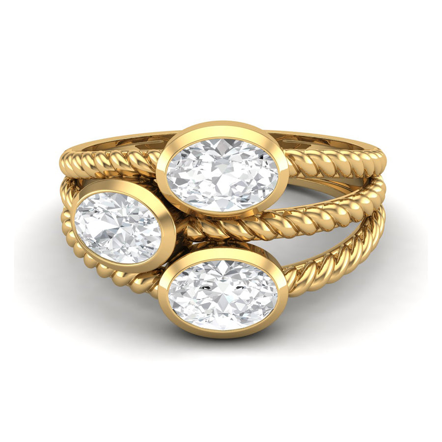 Moissanite Triple Bezel with Rope Band Ring - Sterling Silver Yellow Plated