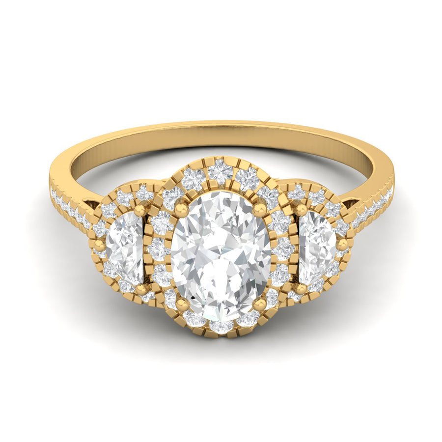 Moissanite Three-Stone Halo Ring - Sterling Silver Yellow Plated