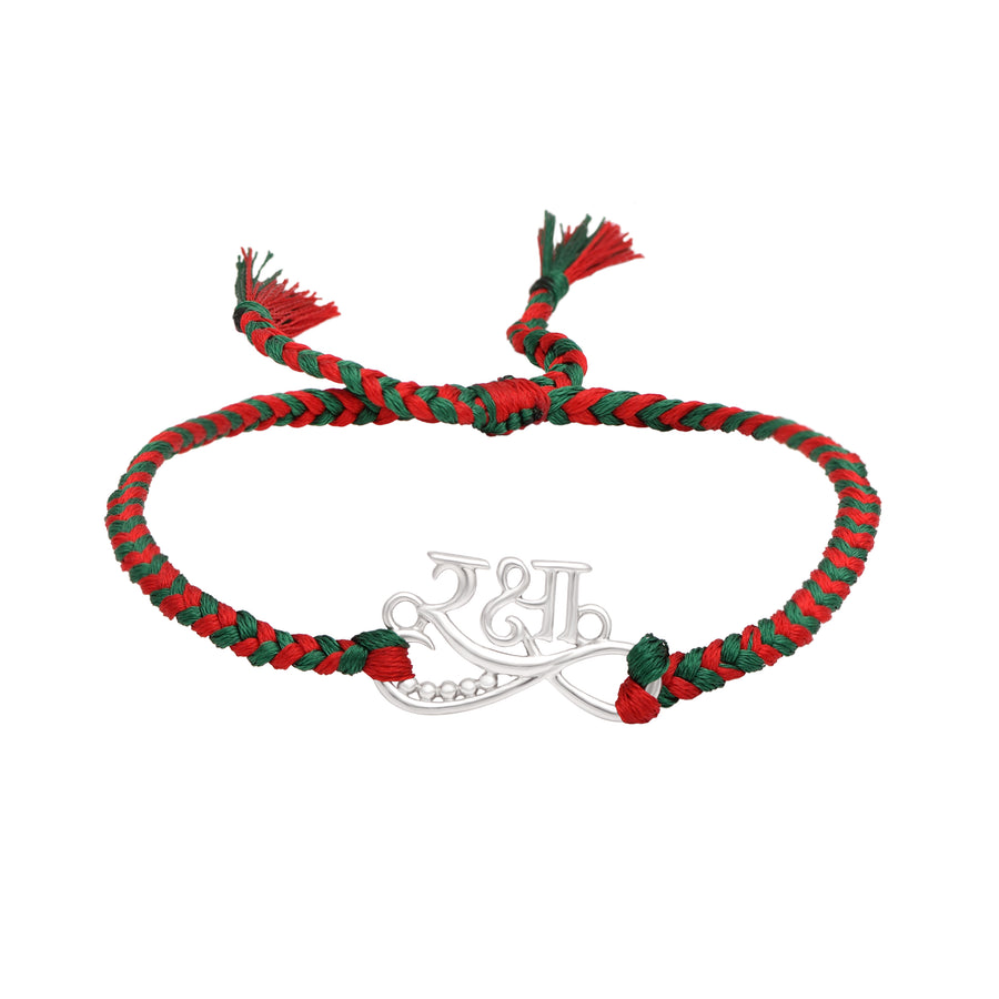 Raksha Red & Green Thread Rakhi Bracelet - Sterling Silver