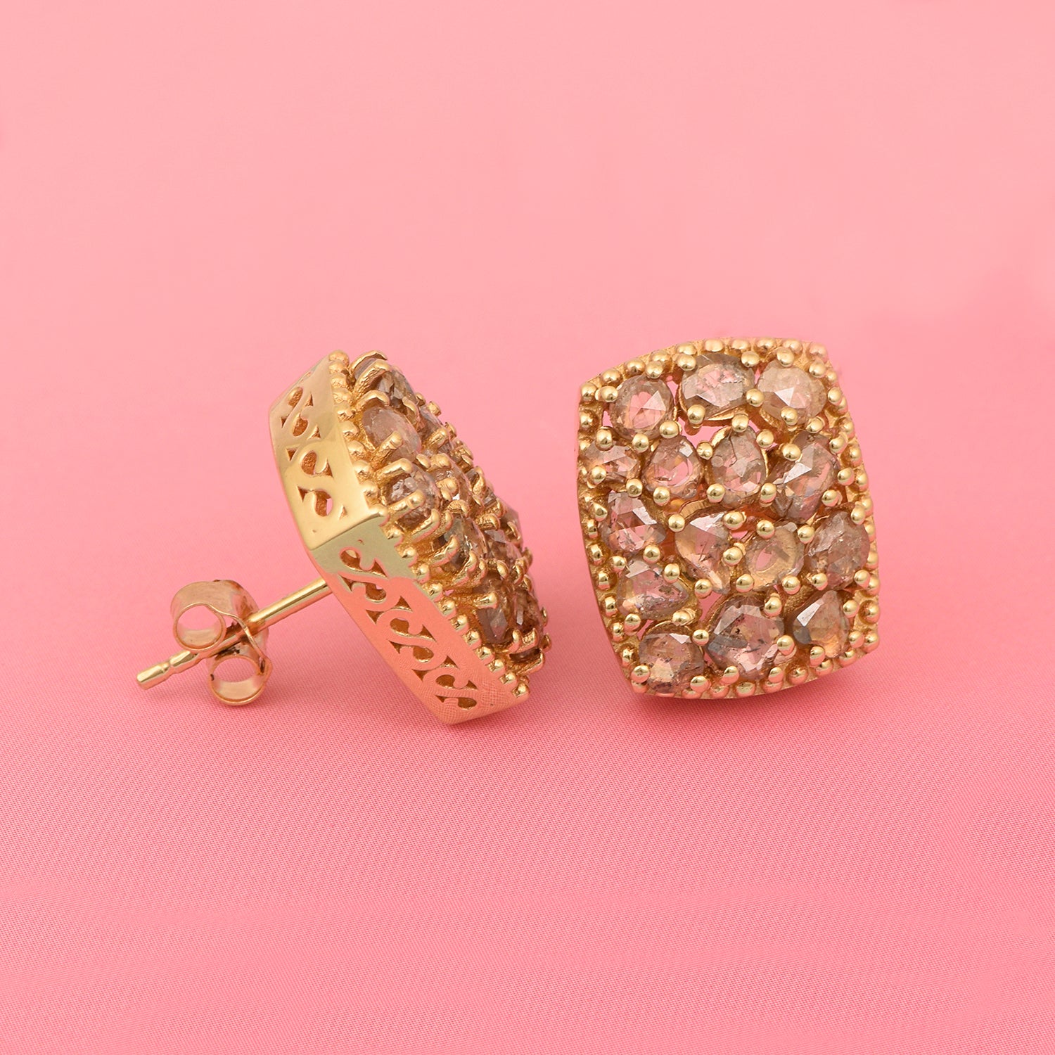 5.00 Ctw Rose Cut Champagne Diamond Octagon Shape Women Cluster Earrings
