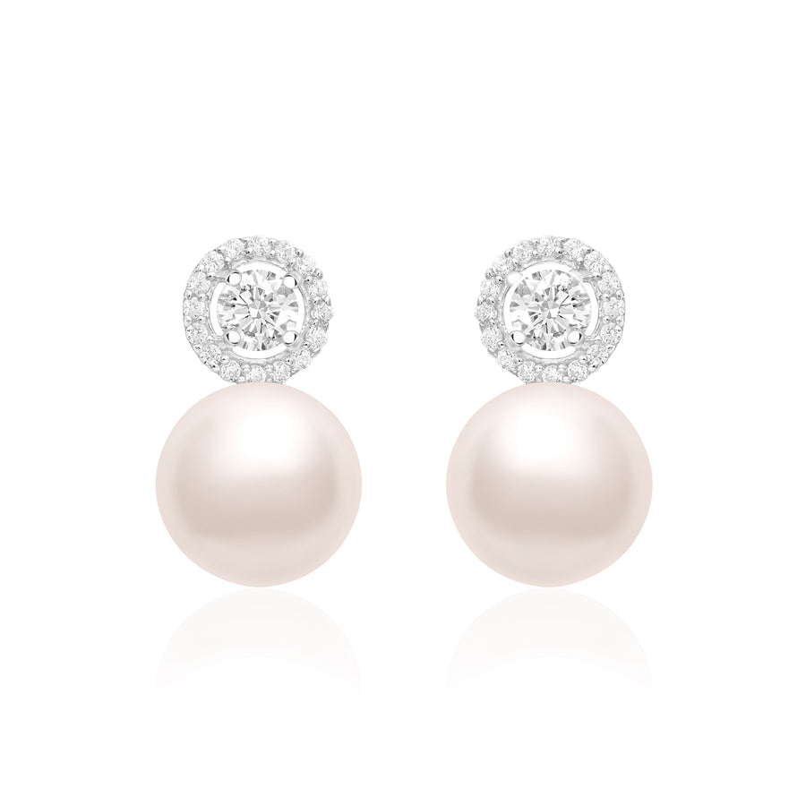 Pearl & Halo Accents Dangle Earrings – Sterling Silver