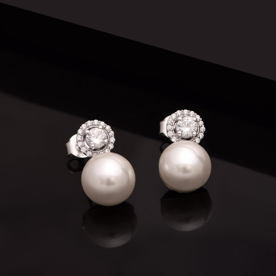 Pearl & Halo Accents Dangle Earrings – Sterling Silver