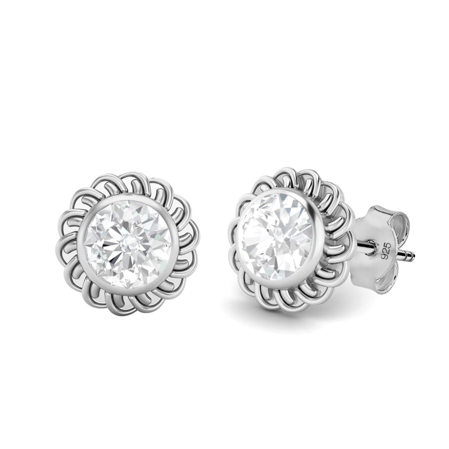 Moissanite Twisted Floral Halo Stud Earrings – Sterling Silver