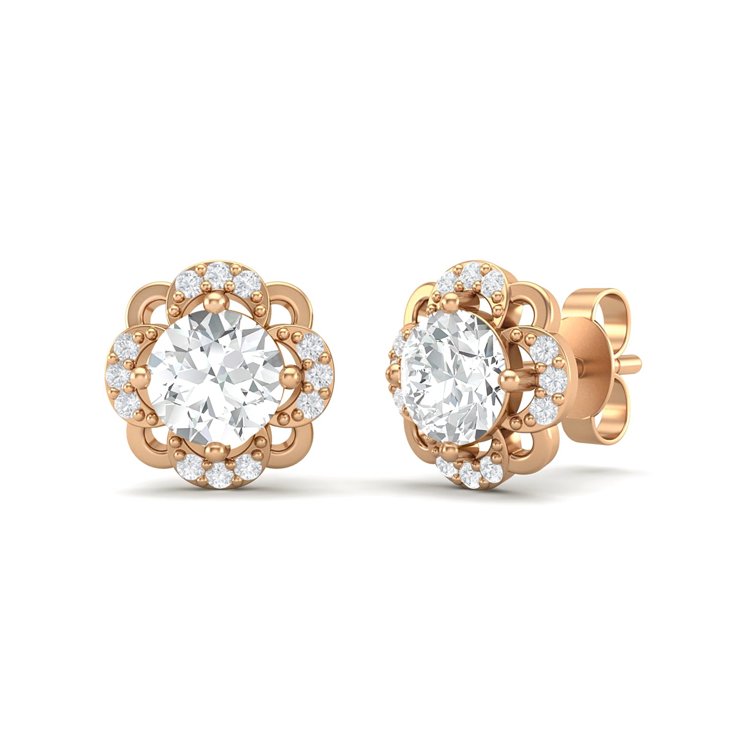Moissanite Floral Halo Stud Design Earrings – Sterling Silver