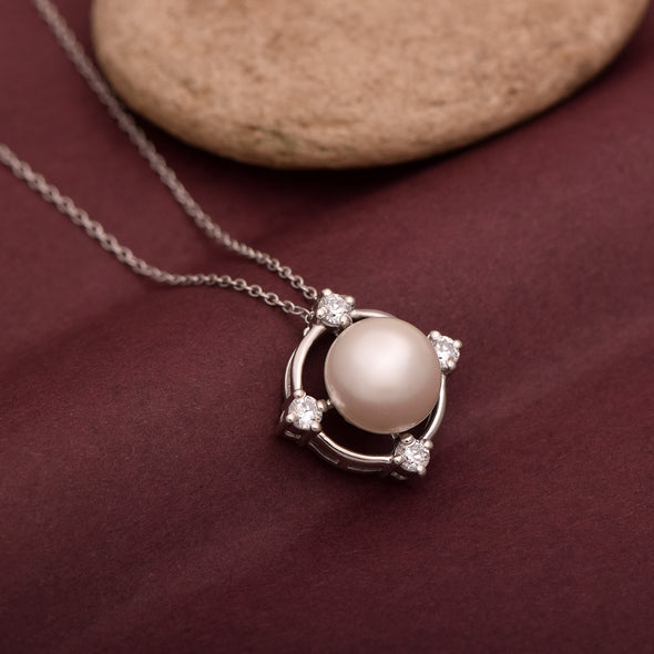 10MM Round Pearl 925 Sterling Silver Floating Halo Solitaire Women Necklace