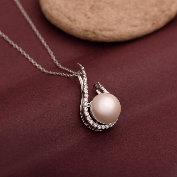 3.95 Ctw Round Pearl 925 Sterling Silver Solitaire Swirl Design Wedding Necklace