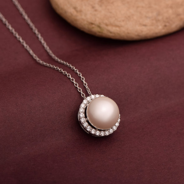 3.95 ctw Round Pearl 925 Sterling Silver Solitaire Halo Women Pendant Necklace