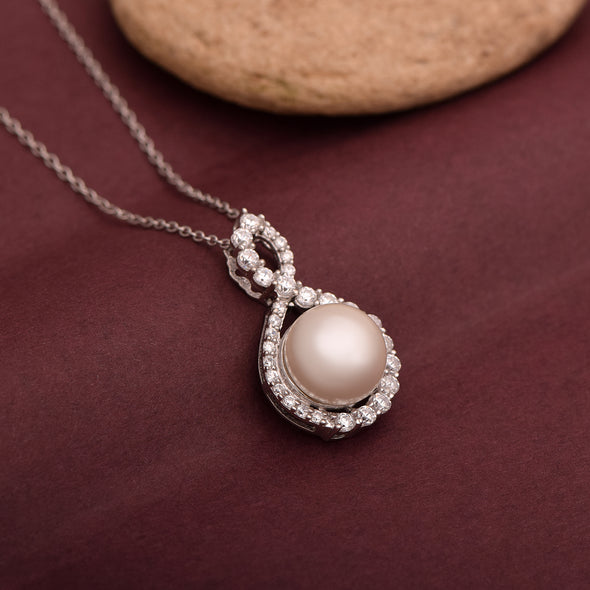 4.10 Ctw Round Pearl 925 Sterling Silver Solitaire Halo Infinity Knot Necklace