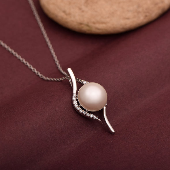 3.7 Ctw Round Pearl 925 Sterling Silver Solitaire Swirl Design Pendant Necklace