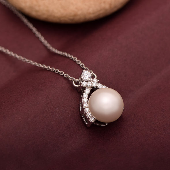 3.60 Ctw Round Pearl 925 Sterling Silver Solitaire Halo Ribbon Design Necklace
