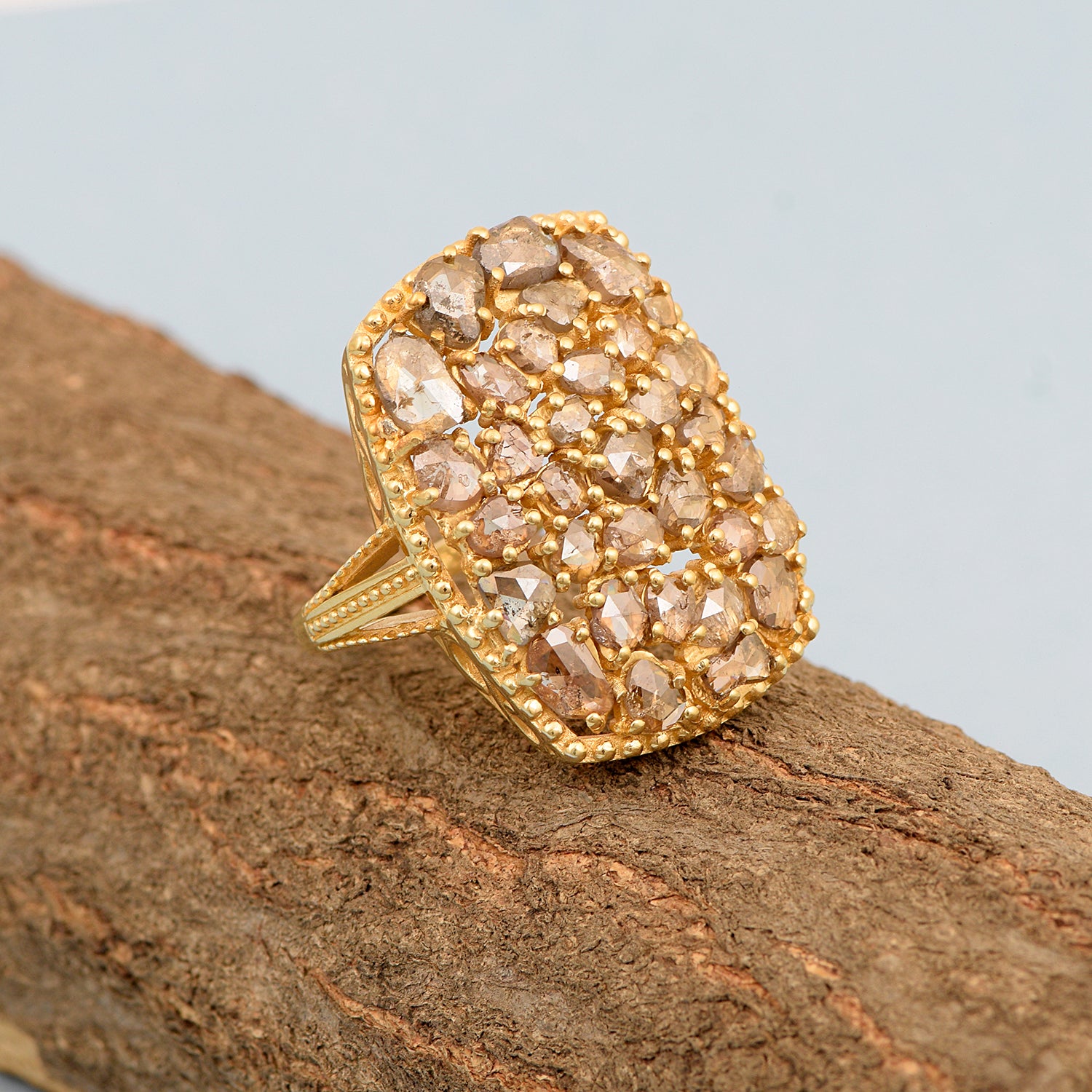 3.30 Ctw Rose Cut Champagne Diamond 925 Sterling Silver Octagon Shape Cluster Ring