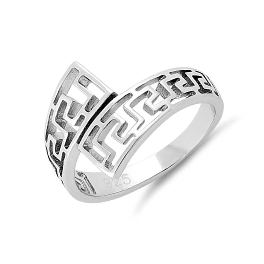 Greek Key Wrap Open Band Geometric Ring - Sterling Silver