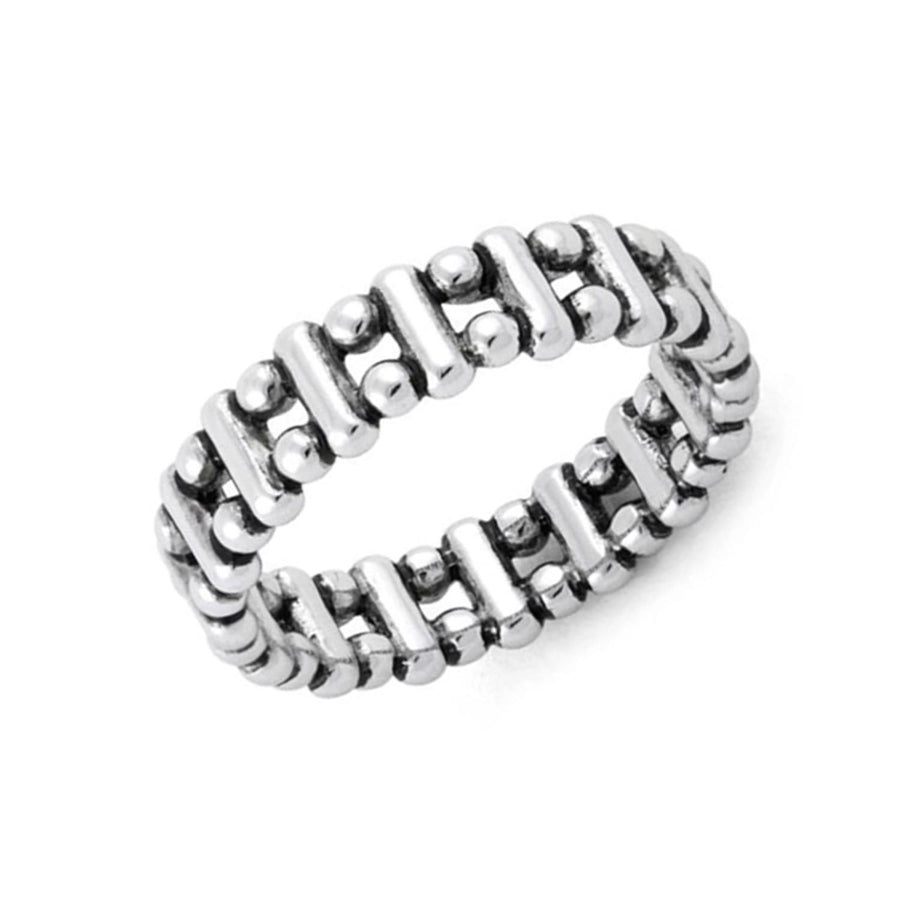 Bold Geometric Beaded Link Ring – Sterling Silver
