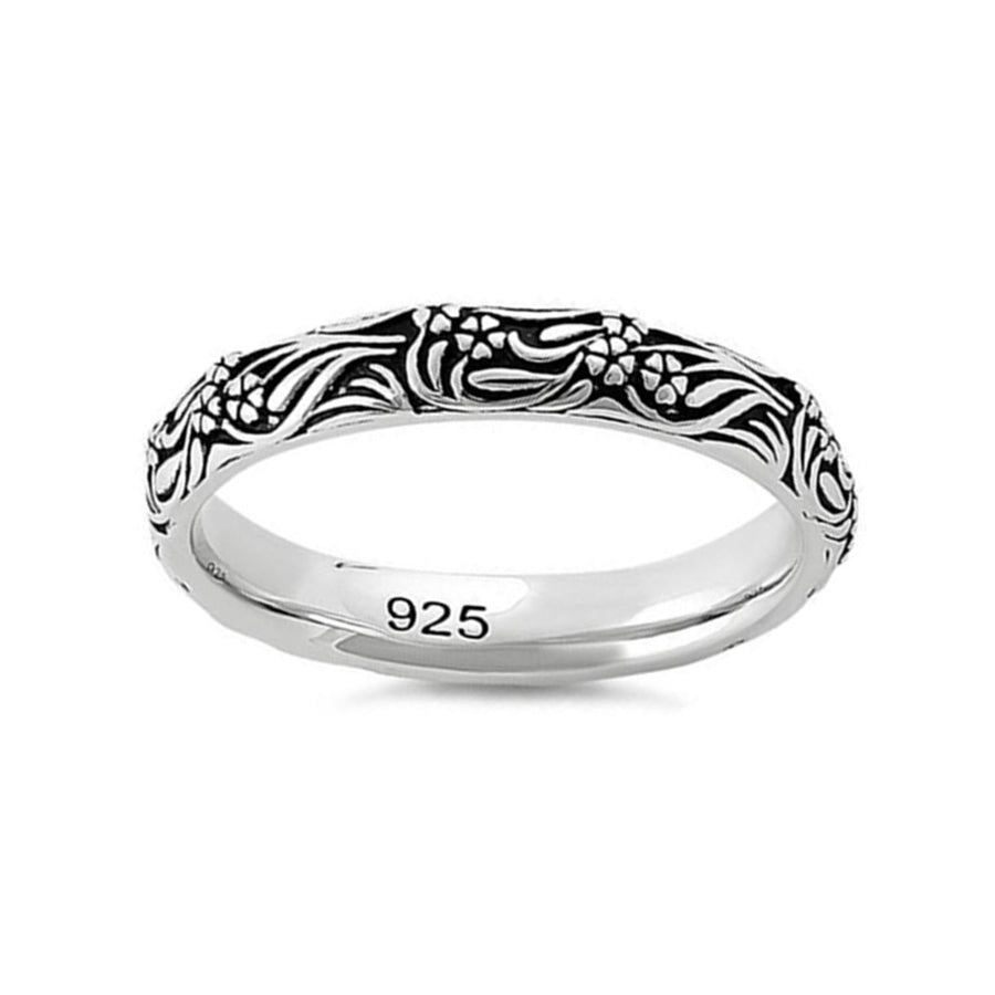 Oxidized Floral Engraved Band Ring-Sterling Silver