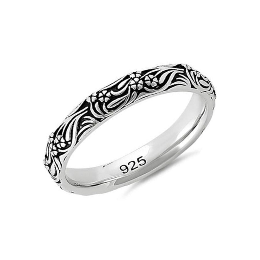 Oxidized Floral Engraved Band Ring-Sterling Silver