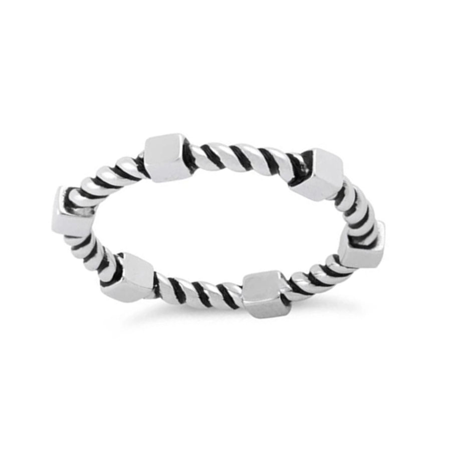 Twisted Rope Band Ring with Hex Bead Accents-Sterling Silver