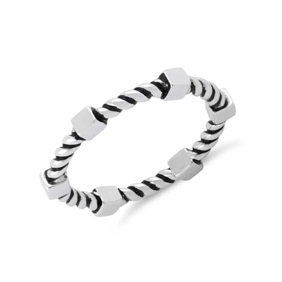 Twisted Rope Band Ring with Hex Bead Accents-Sterling Silver