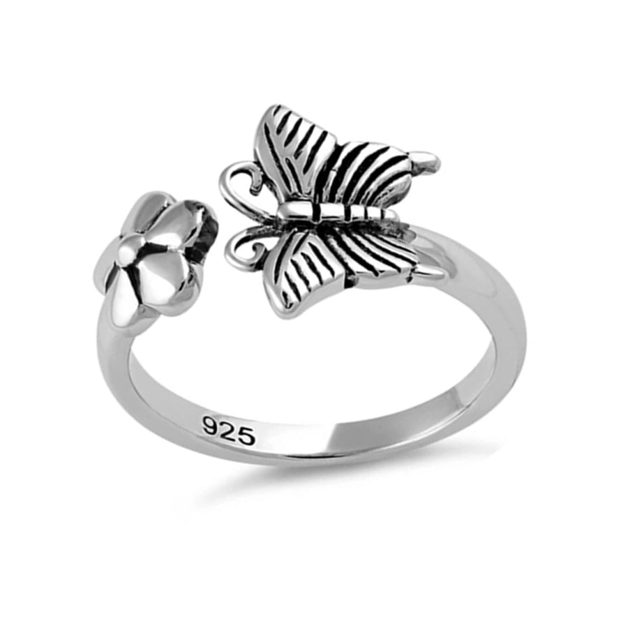 Butterfly and Flower Bypass Ring – Sterling Silver