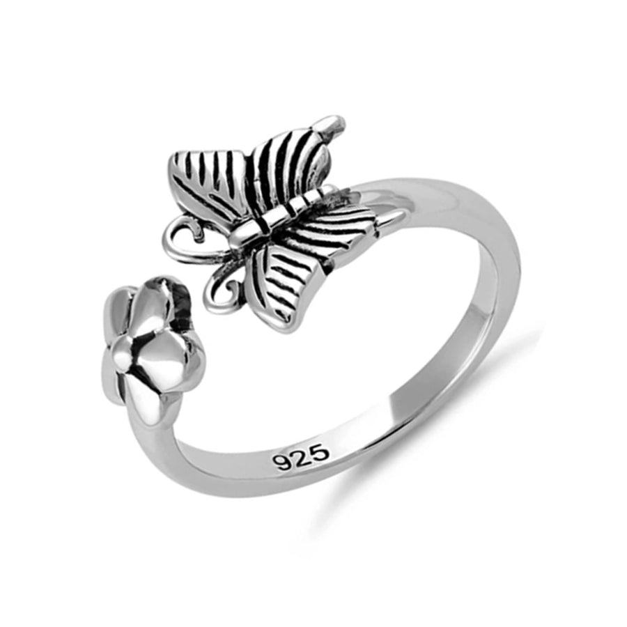 Butterfly and Flower Bypass Ring – Sterling Silver