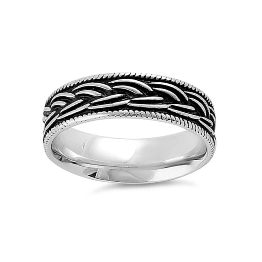 Oxidized Leaf Pattern Unisex Band Ring - Sterling Silver