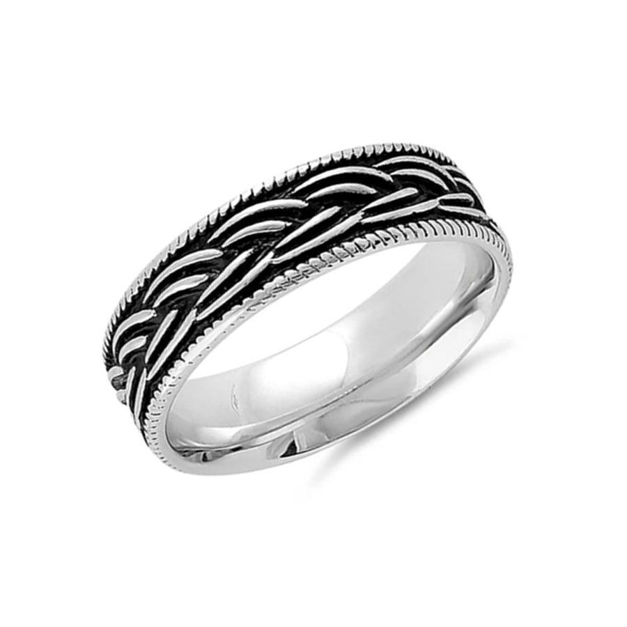 Oxidized Leaf Pattern Unisex Band Ring - Sterling Silver
