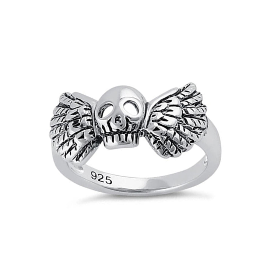 Oxidized Skull Winged Gothic Design Ring - Sterling Silver