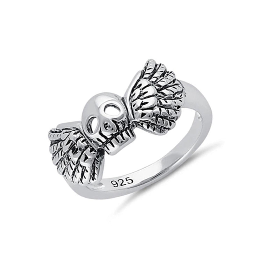 Oxidized Skull Winged Gothic Design Ring - Sterling Silver