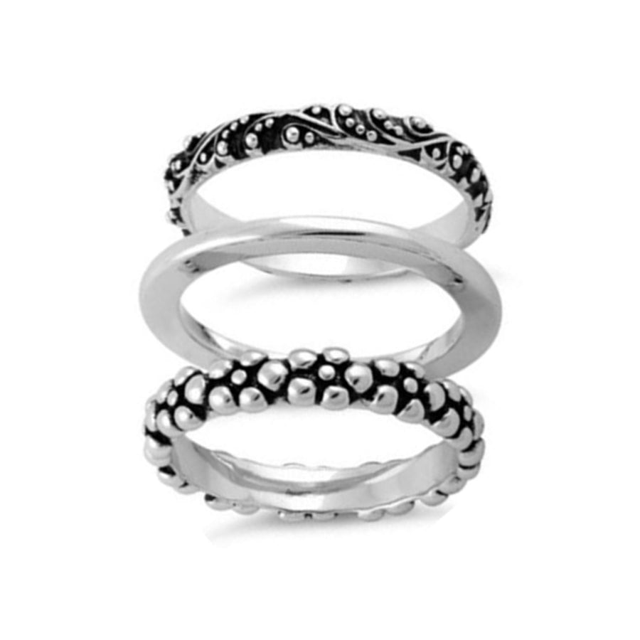 925 Sterling Silver 3-Piece Stackable Ring Set – Oxidized Boho Design