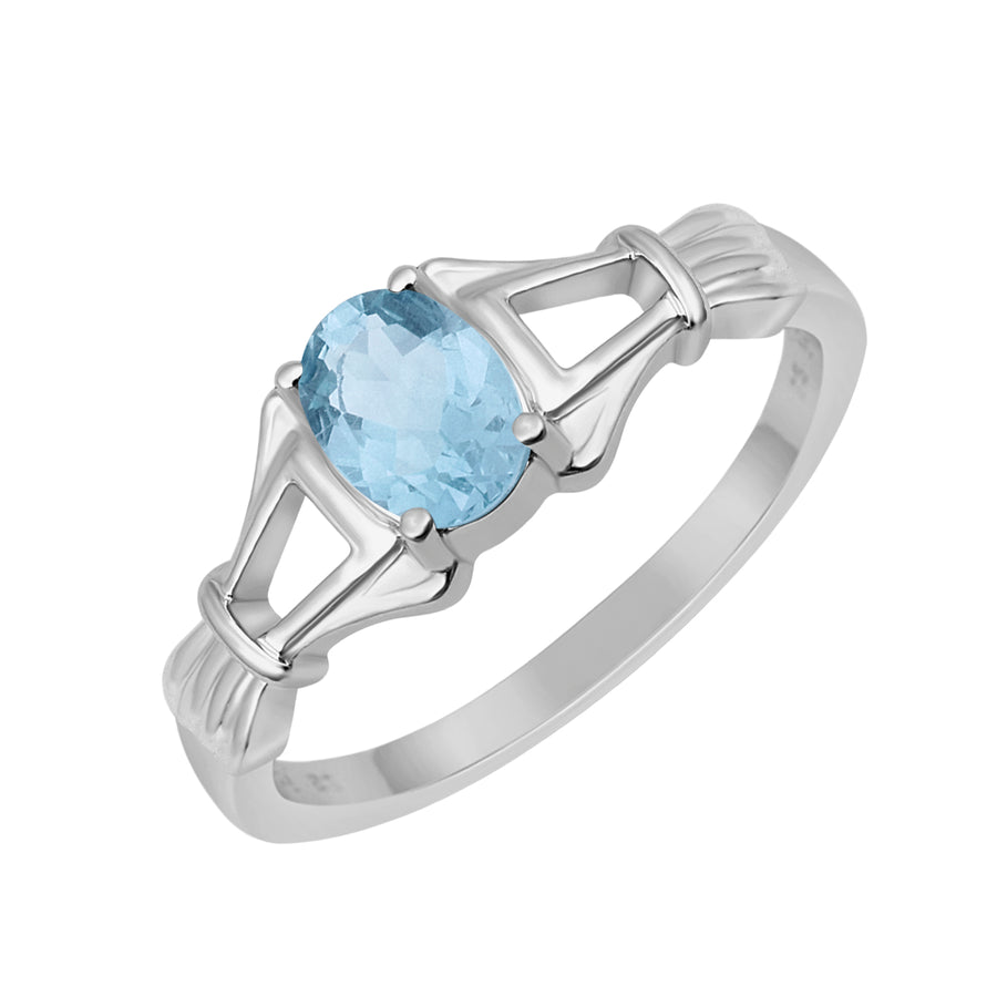 Aquamarine Solitaire Split Shank Ring -Sterling Silver