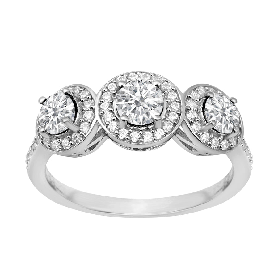 Moissanite Three Stone Halo Ring - Sterling Silver
