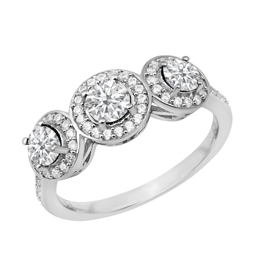 Moissanite Three Stone Halo Ring - Sterling Silver