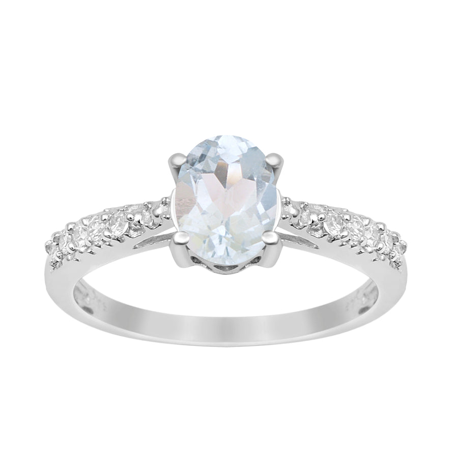 Aquamarine Oval Solitaire With Side Accents Ring -Sterling Silver