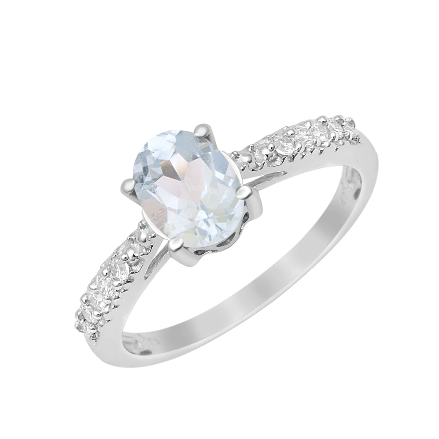 Aquamarine Oval Solitaire With Side Accents Ring -Sterling Silver