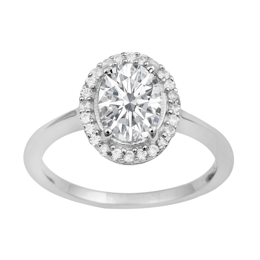 Moissanite Solitaire Halo Ring - Sterling Silver