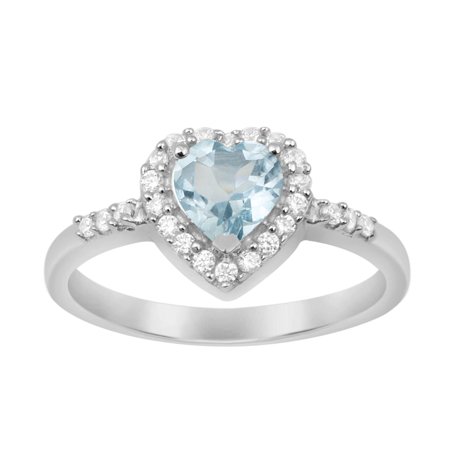 Aquamarine Heart Shape Halo Ring - Sterling Silver