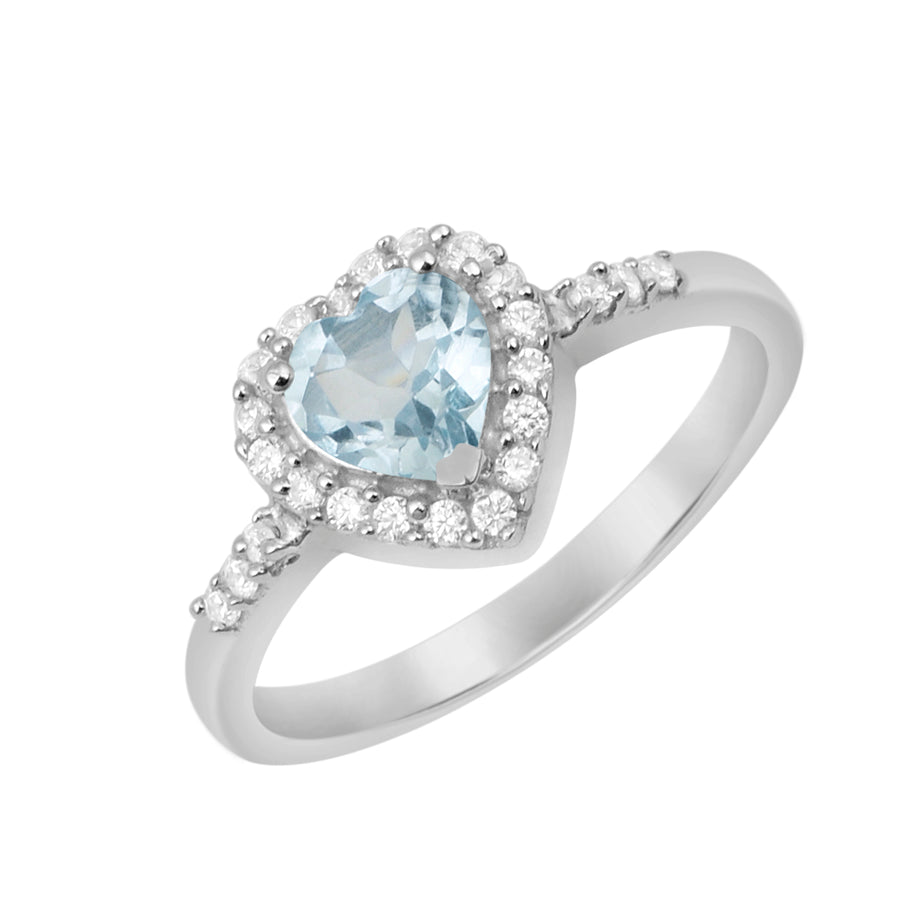 Aquamarine Heart Shape Halo Ring - Sterling Silver