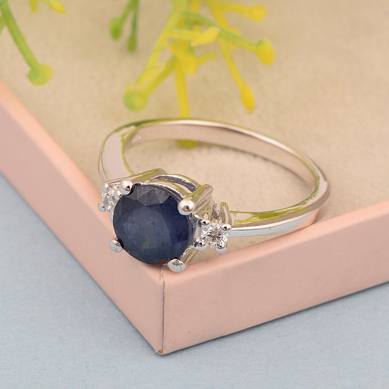 Round 8mm Blue Sapphire Gemstone 925 Sterling Silver Solitaire Ring - Kimaya INC
