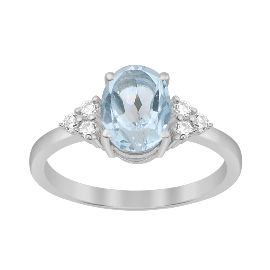 Aquamarine Solitaire With Trio Accents Ring -Sterling Silver