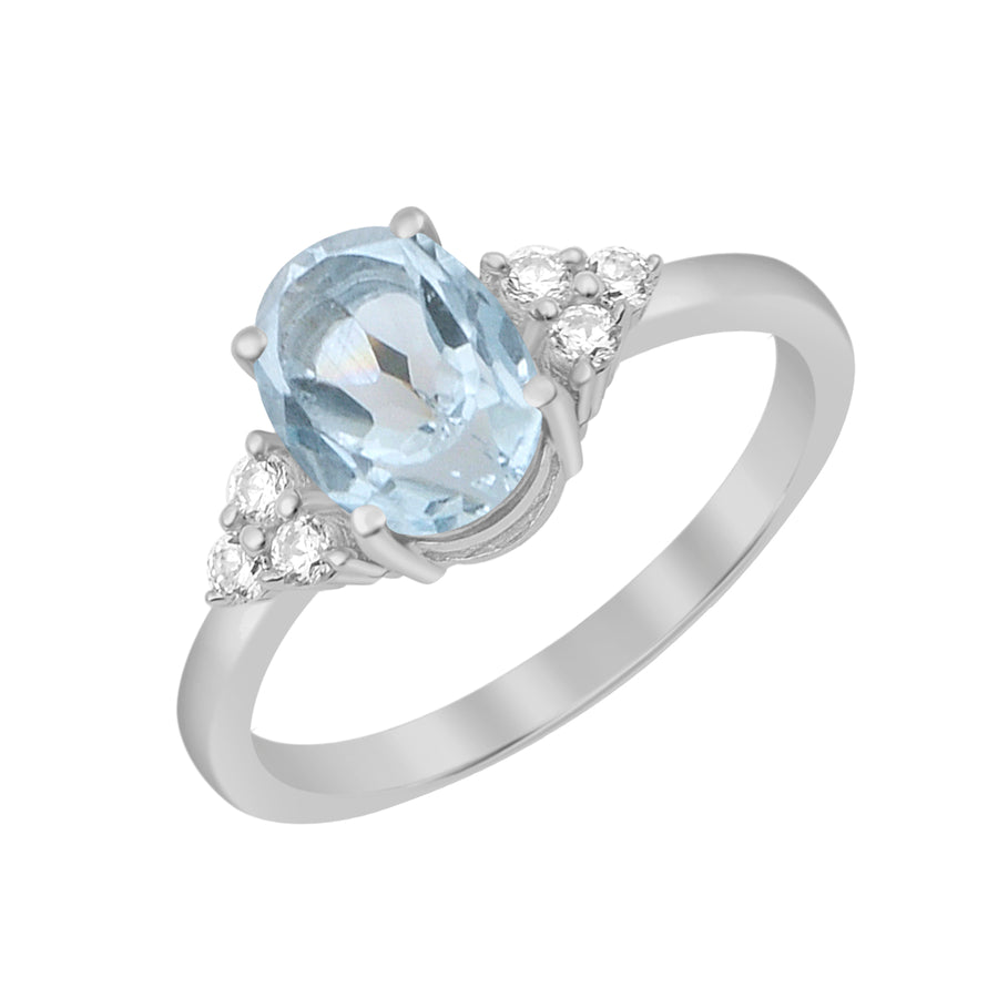 Aquamarine Solitaire With Trio Accents Ring -Sterling Silver