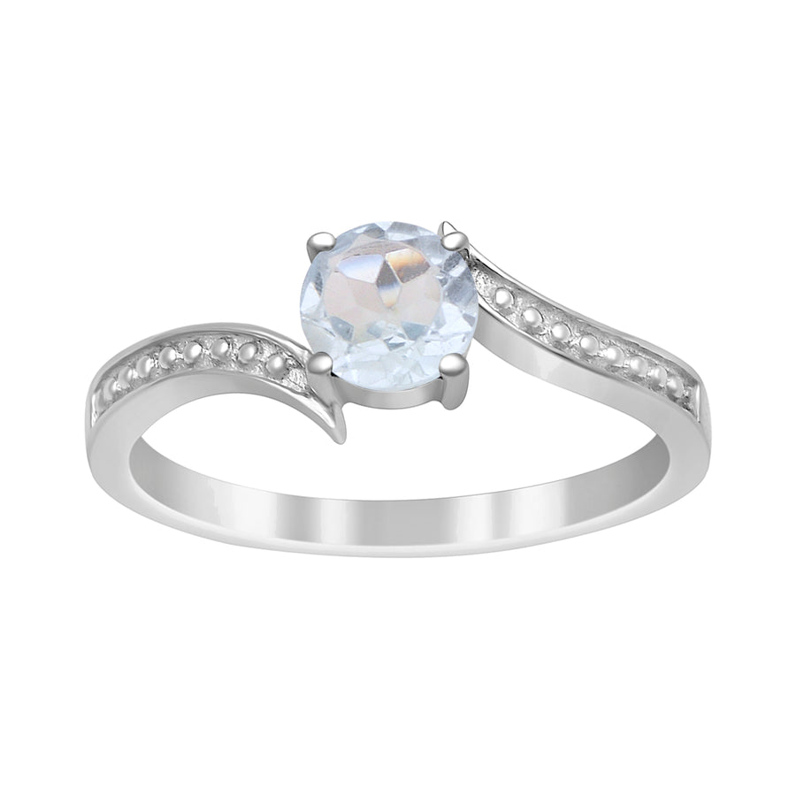 Aquamarine Solitaire Beaded Shank Ring - Sterling Silver