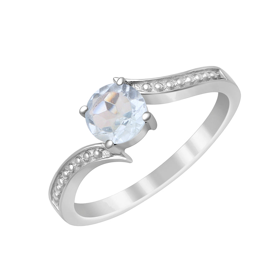 Aquamarine Solitaire Beaded Shank Ring - Sterling Silver
