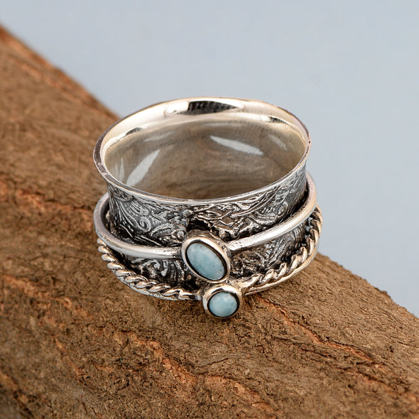 Oval Dominican Larimar Dual Stone Sterling Silver Spinner Ring