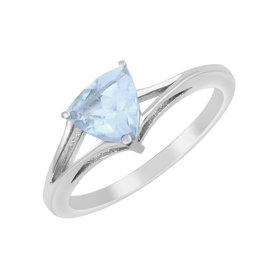 Aquamarine Solitaire Split Shank Design Ring -Sterling Silver
